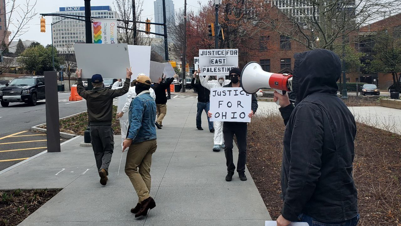 Approximately a dozen individuals affiliated with the white supremacist National Justice Party protested outside of Norfolk Southern corporate headquarters on February 25, 2023. (NJP photo)