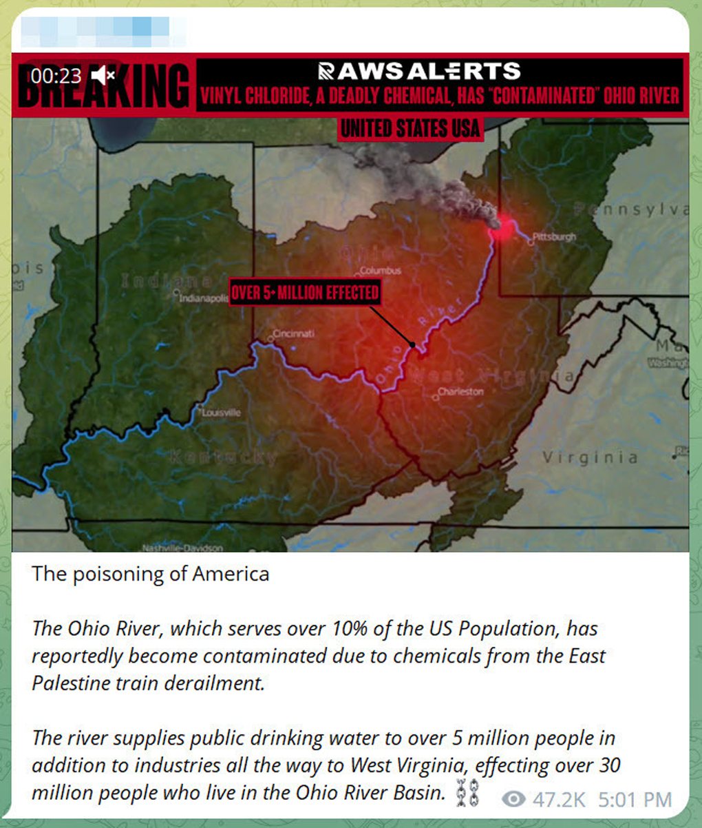 An accelerationist meme channel on Telegram referred to the train derailment as “the poisoning of America,” highlighting a conspiratorial claim that the government is purposely trying to harm American citizens.