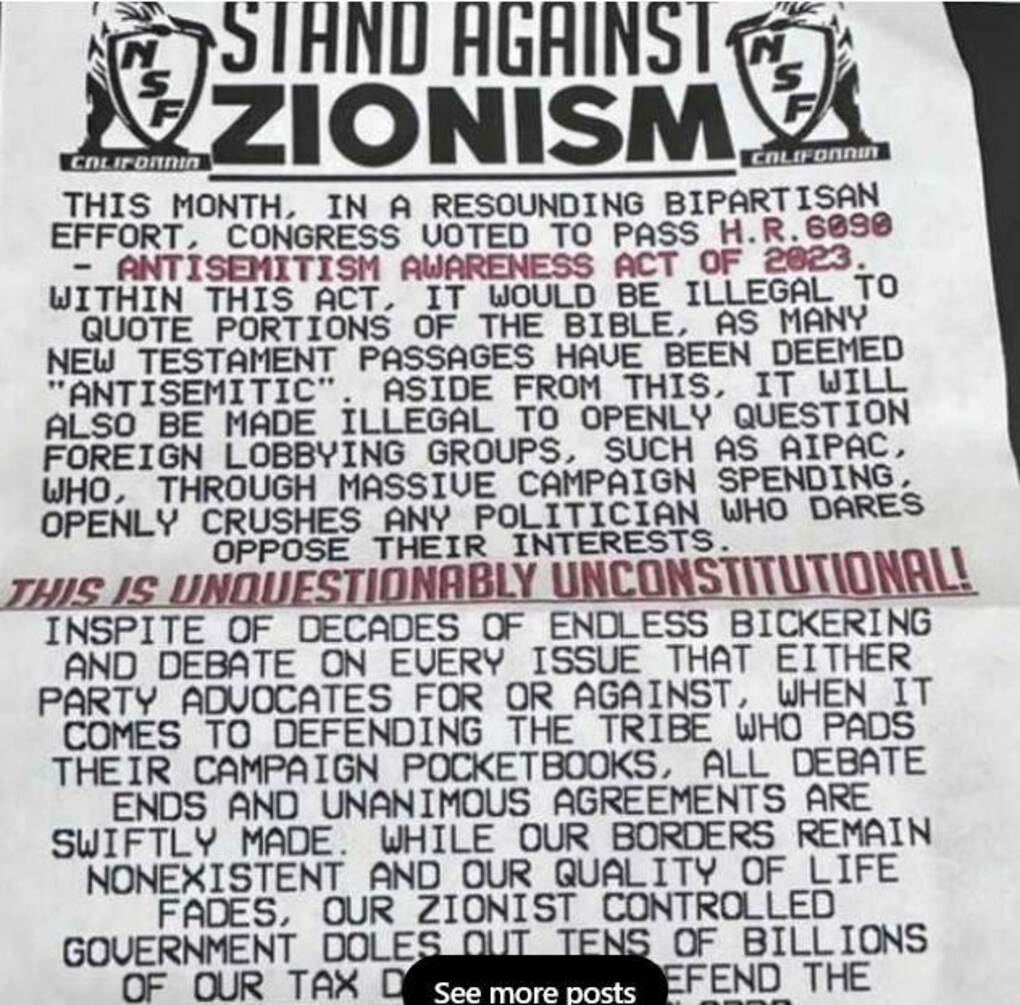 An image of antisemitic propaganda that reads "Stand Against Zionism" in bold lettering at the top. The propaganda condemns the Antisemitism Awareness Act of 2023, introduced into Congress in October 2023.