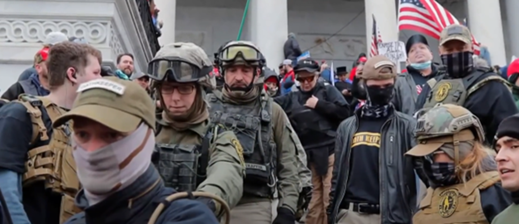 A group of Oath Keepers take part in the storming of the United States Capitol on January 6, 2021.