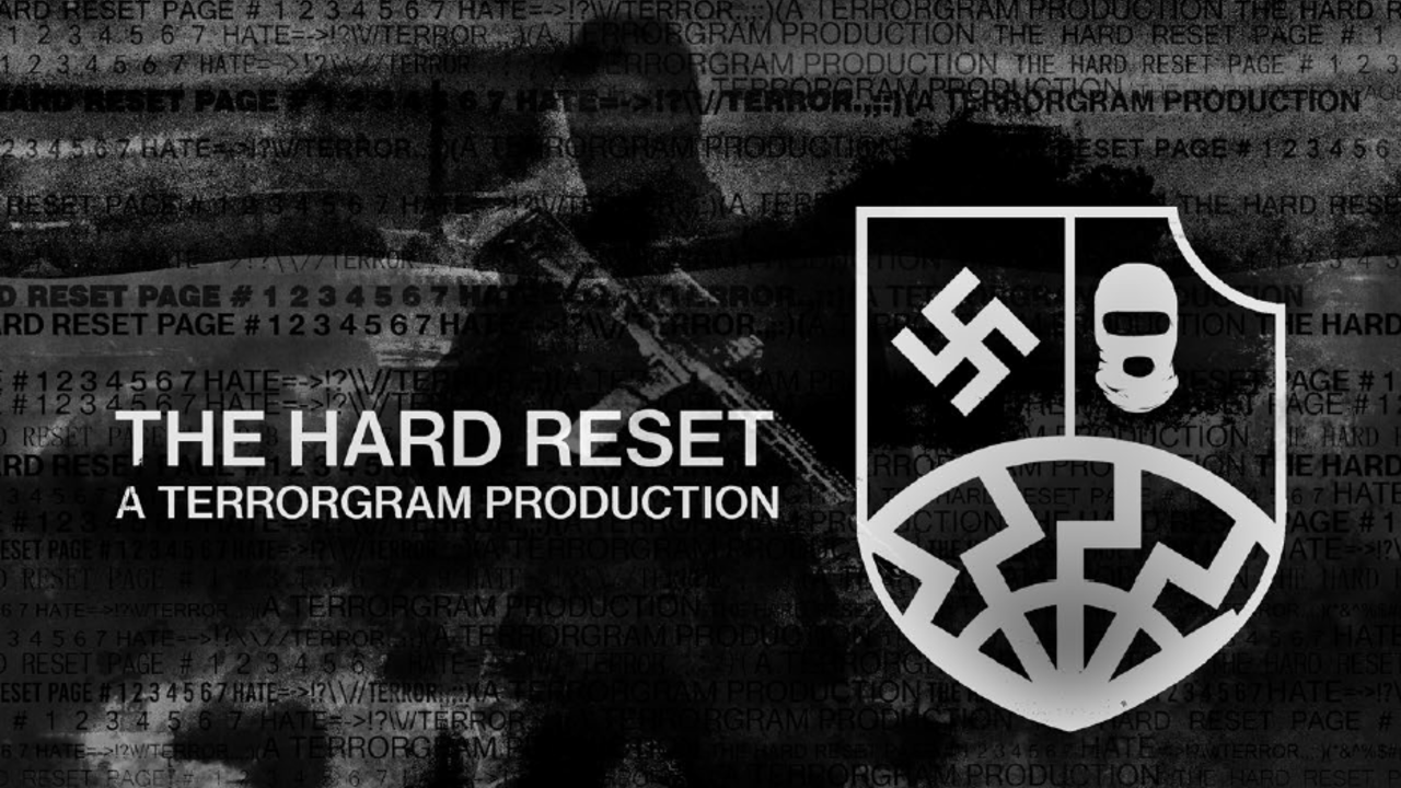 A portion of the cover of The Hard Reset, the most recent publication released by the Terrorgram Collective.