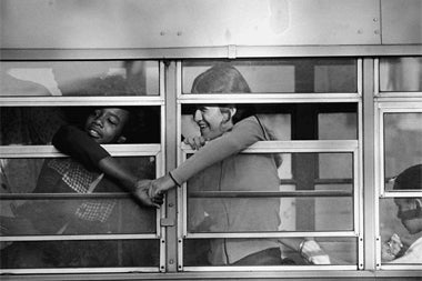 Black and White Female Students Holding Hands Schoolbus Boston 1975