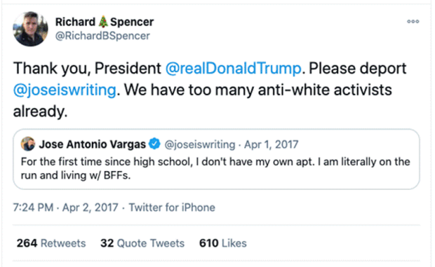 Example tweet containing "anti-white," a term unique to white supremacists.