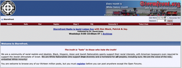 Screenshot of Stormfront website frontpage