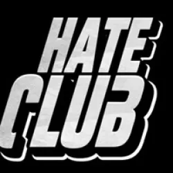 Hate Club logo.  The words "Hate Club" are written in silver against a black background.